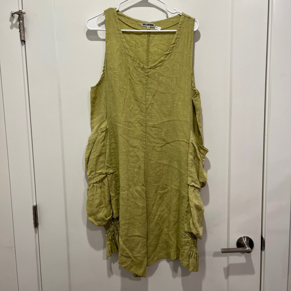 100% Lin Blanc Chartreuse Green Linen Lagenlook Pocket Dress Size 42